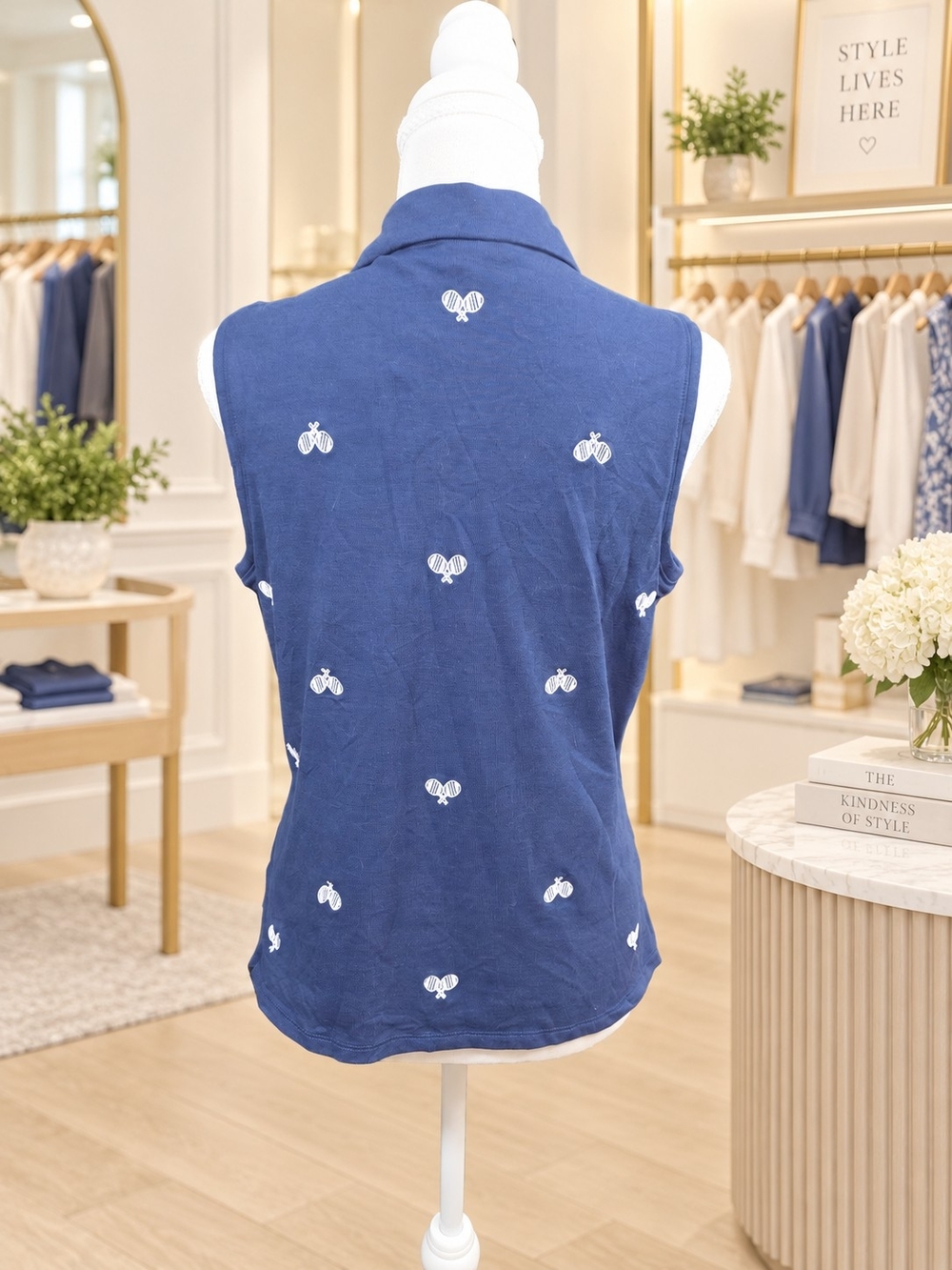 Sigrid Olsen Navy Sleeveless Polo Tank with White Tennis Motifs - Picture 4 of 9